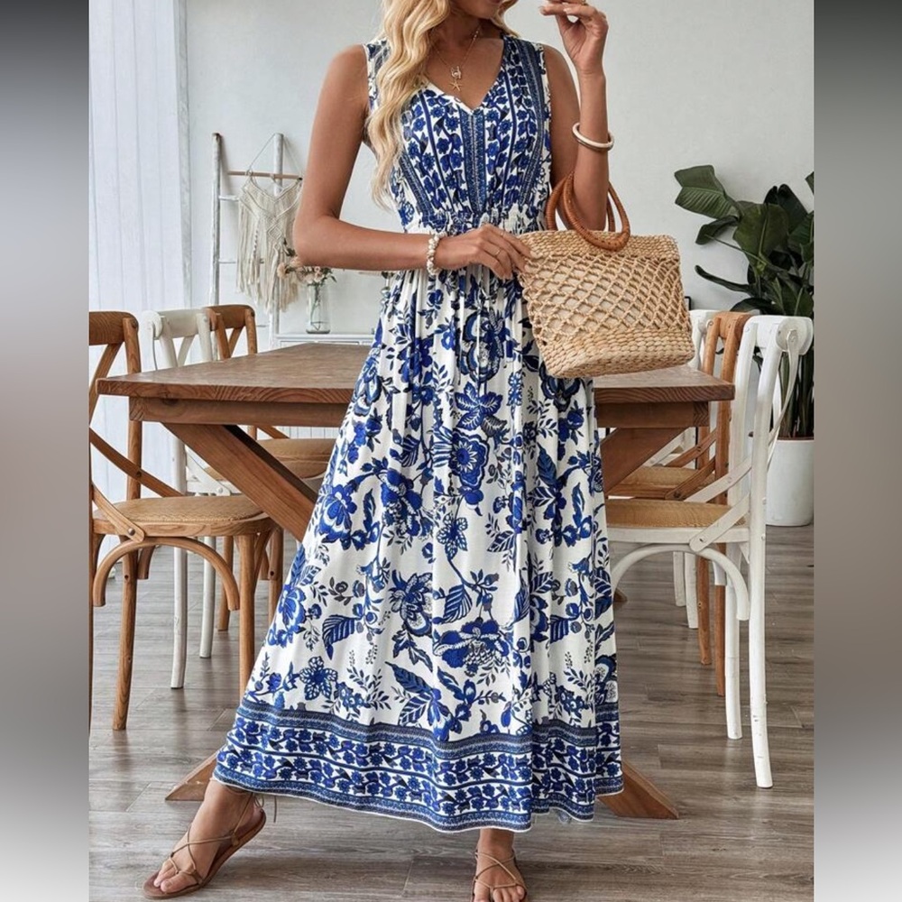 Floral Blue and White Maxi Dress